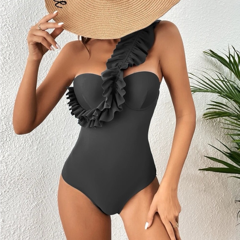 Ruffle one shoulder black one piece bathing suit